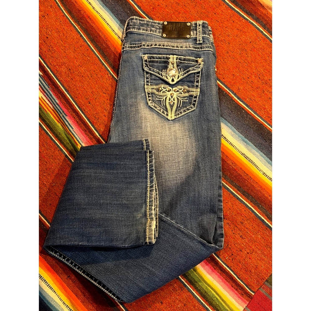Live Hard Play Hard Women's Decorated Boot Cut Cowgirl Blue Jeans Size 14